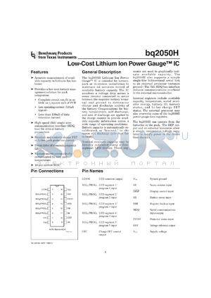 BQ2050HSN-A304TR datasheet - GAS GAUGE WITH HIGH SPEED 1-WIRE (HDQ) INTERFACE AND 5 LED DRIVERS