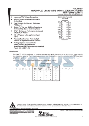74ACT11257DW datasheet - QUADRUPLE 2-LINE TO 1-LINE DATA SELECTORS/MULTIPLEXERS WITH 3-STATE OUTPUTS