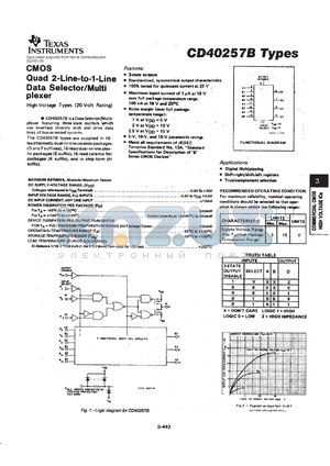 CD40257BF3A datasheet - CMOS QUAD 2-LINE-TO-1-LINE DATA SELECTOR/MULTIPLEXER