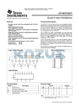 CY74FCT257CTQC datasheet - QUADRUPLE 1-OF-2 DATA SELECTORS/MULTIPLEXERS WITH 3-STATE OUTPUTS