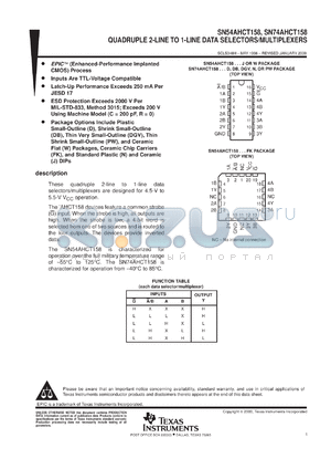 SN74AHCT158DR datasheet - QUADRUPLE 2-LINE TO 1-LINE DATA SELECTORS / MULTIPLEXERS