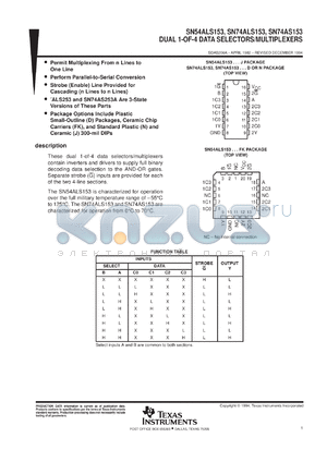 SN74ALS153DR datasheet - DUAL 1-OF-4 DATA SELECTORS/MULTIPLEXERS