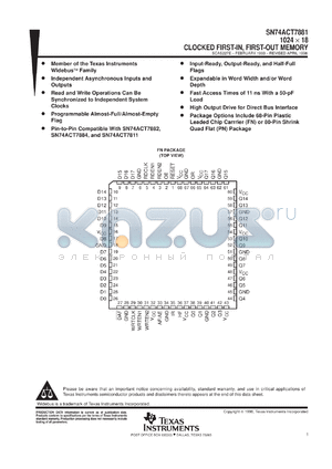 SN74ACT7881-15FN datasheet - 1024 X 18 SYNCHRONOUS FIFO MEMORY