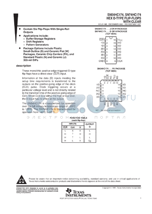 SNJ54HC174W datasheet - HEX D-TYPE FLIP-FLOPS WITH CLEAR