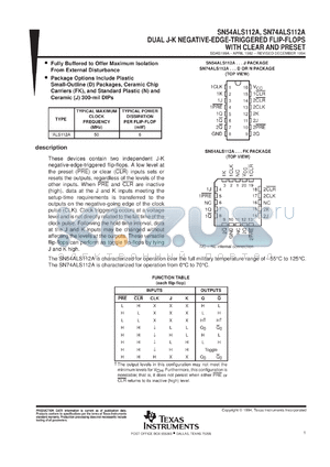 SN74ALS112AN3 datasheet - DUAL J-K NEGATIVE-EDGE-TRIGGERED FLIP-FLOPS WITH CLEAR AND PRESET