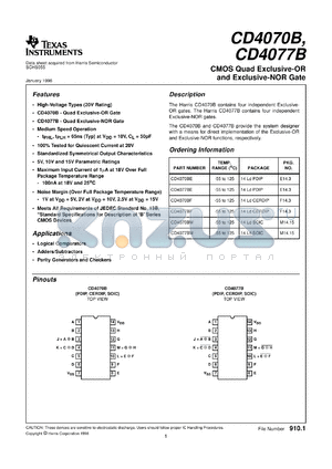 CD4070BPWR datasheet - CMOS QUAD EXCLUSIVE-OR GATE