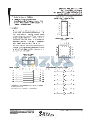 SN74ALS1005N3 datasheet - HEX INVERTERS WITH OPEN-COLLECTOR OUTPUTS