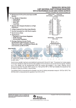 SNJ54ALS323FK datasheet - 8-BIT UNIVERSAL SHIFT/STORAGE REGISTERS WITH SYNCHRONOUS CLEAR AND 3-ST OUTPUTS