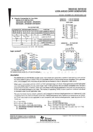 SN74S182N3 datasheet - LOOK-AHEAD CARRY GENERATOR
