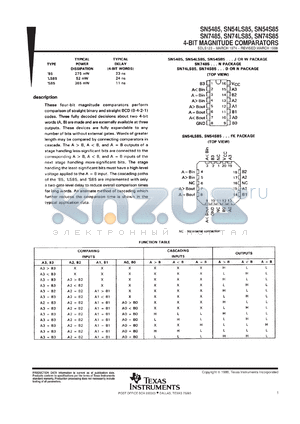 SN74LS85N3 datasheet - 4-BIT BINARY OR BCD MAGNITUDE COMPARATORS