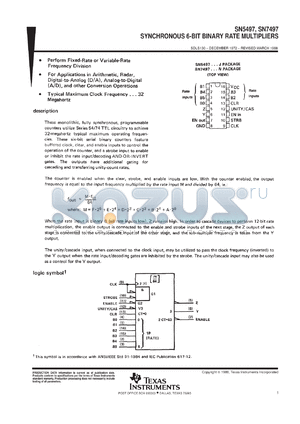 SN7497N3 datasheet - SYNCHRONOUS 6-BIT BINARY RATE MULTIPLIER