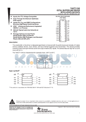 74ACT11240DBLE datasheet - OCTAL BUFFERS/LINE DRIVERS WITH 3-STATE OUTPUTS