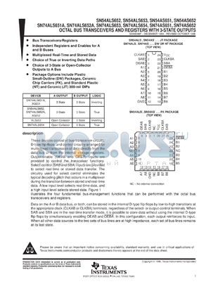 SN74ALS652A-1NT datasheet - OCTAL BUS TRANSCEIVERS/REGISTERS WITH 3-STATE OUTPUTS