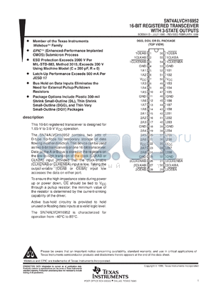 SN74ALVCH16952DGGR datasheet - 16-BIT REGISTERED TRANSCEIVER WITH 3-STATE OUTPUTS