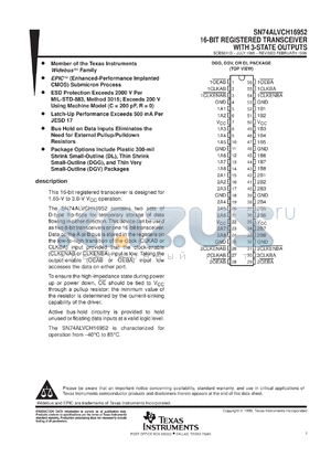 SN74ALVCH16952DGVR datasheet - 16-BIT REGISTERED TRANSCEIVER WITH 3-STATE OUTPUTS