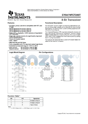 CY74FCT245ATQC datasheet - OCTAL BUS TRANSCEIVERS WITH 3-STATE OUTPUTS