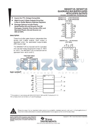 SN74HCT125DR datasheet - QUADRUPLE BUS BUFFER GATES WITH 3-STATE OUTPUTS