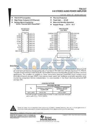 TPA1517DWPEVM datasheet - 6-W STEREO AUDIO POWER AMPLIFIER