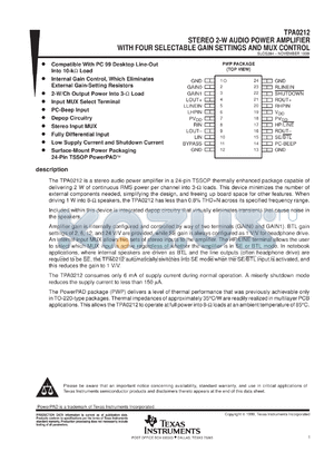 TPA0212EVM datasheet - STEREO 2-W AUDIO POWER AMP WITH 4 SELECTABLE GAIN SETTINGS AND MUX CONTROL