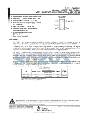 TLV2721CDBVR datasheet - SINGLE LINCMOS(TM) RAIL-TO-RAIL VERY LOW-POWER OPERATIONAL AMPLIFIER