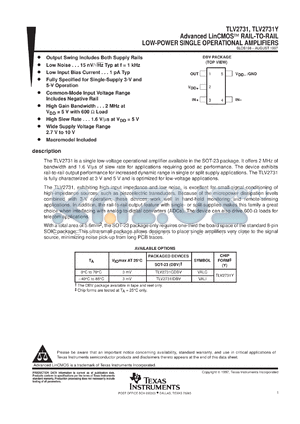 TLV2731CDBVR datasheet - SINGLE LINCMOS(TM) RAIL-TO-RAIL LOW-POWER OPERATIONAL AMPLIFIER