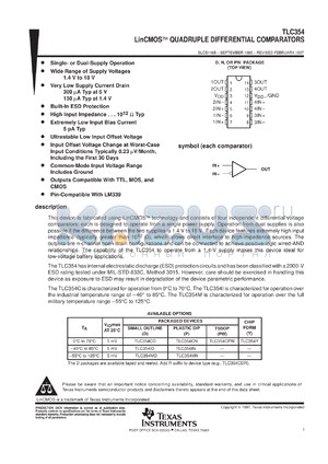 TLC354CDBR datasheet - QUAD, LOW VOLTAGE, LINCMOS(TM) DIFFERENTIAL COMPARATOR