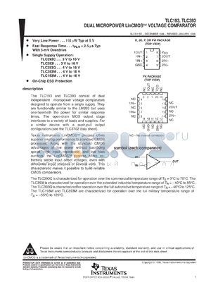 TLC193MFKB datasheet - DUAL MICROPOWER LINCMOS(TM) COMPARATOR