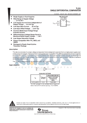 TL331IDR datasheet - SINGLE DIFFERENTIAL COMPARATOR