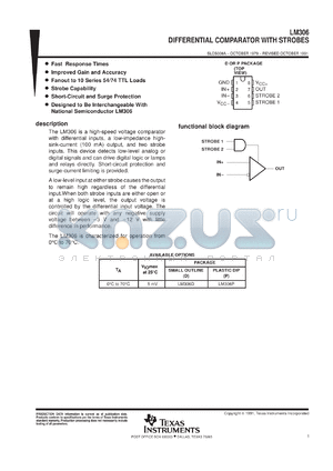 LM306DR datasheet - SINGLE, STROBED, HIGH SPEED DIFFERENTIAL COMPARATOR