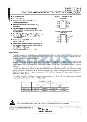TLV0831IDR datasheet - 8-BIT 49 KSPS ADC SERIAL OUT, DIFFERENTIAL INPUT, CONFIGURABLE AS SE INPUT, 1 CH.
