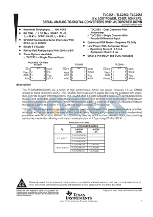 TLC2555IDGKR datasheet - 12-BIT, 400 KSPS ADC, SERIAL OUT, SPI/DSP COMPATIBLE, AUTO POWERDOWN, SINGLE CH. PSEUDO-DIFFERENTIAL