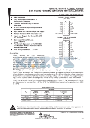 TLC0834IDR datasheet - 8-BIT, 20 KSPS ADC SERIAL OUT, UPROCESSOR PERIPH./STANDALONE, REM. OP W/SER. DATA LINK, MUX OPTION