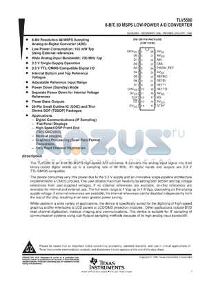 TLV5580CDW datasheet - 8 BIT, 80 MSPS ADC SINGLE CH., HIGH CH. BANDWIDTH, LOW POWER