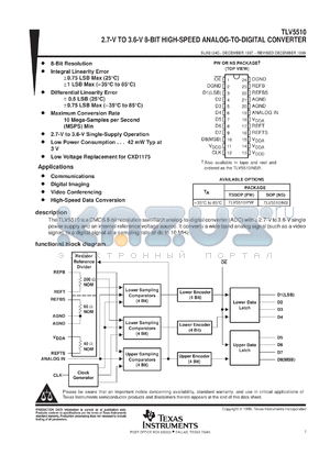 TLV5510INSR datasheet - 8-BIT, 10 MSPS ADC SINGLE CH., LOW VOLTAGE, LOW POWER