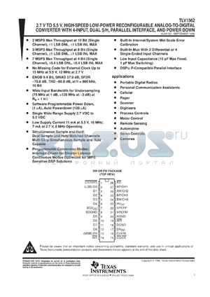 TLV1562IDWR datasheet - 10-BIT, 2 MSPS ADC QUAD CH. (CONFIG.) W/MUX, PGMABLE RES. VS. SPEED/CONVERSION MODE, AUTO O