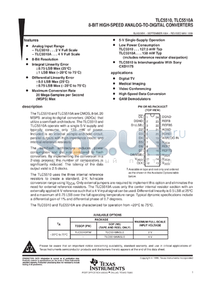 TLC5510AINSR datasheet - 8-BIT, 20 MSPS ADC SINGLE CH., INTERNAL S&H, LOW POWER