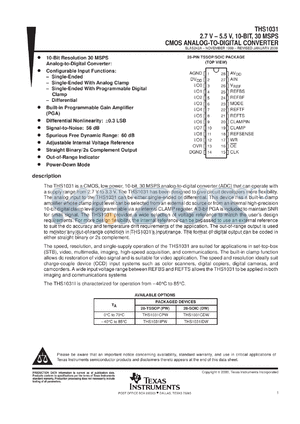 THS1031CDW datasheet - 10-BIT, 30 MSPS ADC SINGLE CH., INTEG. PGMABLE DIGITAL CLAMP & GAIN, OUT OF RANGE INDIC., POWERDOWN