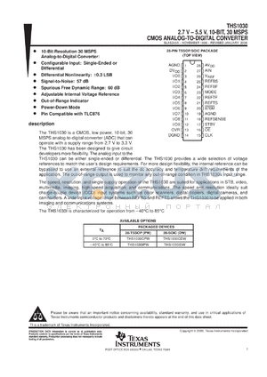 THS1030CDW datasheet - 10-BIT, 30 MSPS ADC SINGLE CH., PIN COMP. W/TLC876, OUT OF RANGE INDICATOR, POWERDOWN