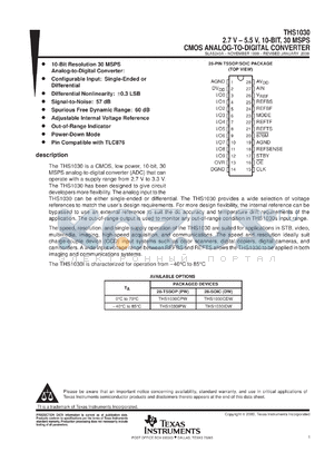 THS1030CPWR datasheet - 10-BIT, 30 MSPS ADC SINGLE CH., PIN COMP. W/TLC876, OUT OF RANGE INDICATOR, POWERDOWN