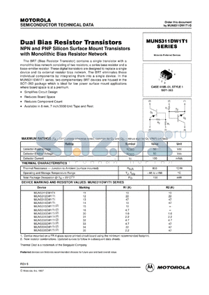 MUN5316DW1T2 datasheet - Dual Bias Resistor Transistor NPN/PNP