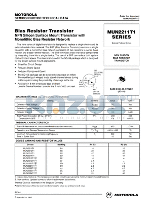 MUN2213T3 datasheet - Bias Resistor Transistor NPN