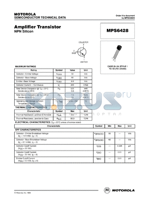 MPS6428RLRA datasheet - Amplifier Transistor