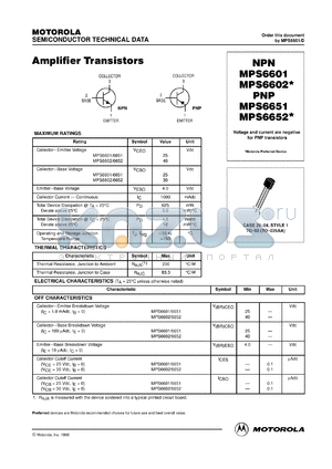 MPS6601RLRM datasheet - Amplifier Transistor NPN