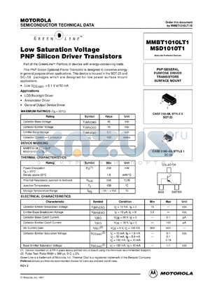 MSC1010T1 datasheet - Low Saturation Voltage PNP Silicon Driver Transistors