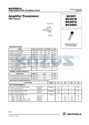 BC307BRL1 datasheet - Amplifier Transistor PNP