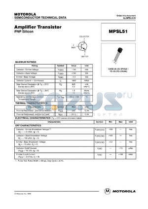 MPSL51RLRA datasheet - Amplifier Transistor PNP