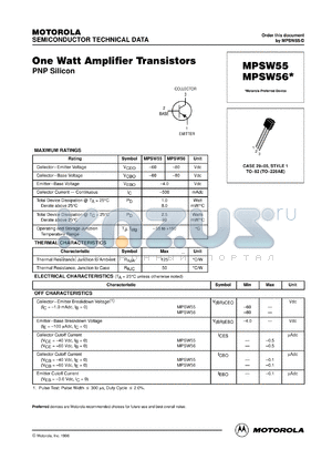 MPSW56RLRA datasheet - One Watt Amplifier Transistor PNP