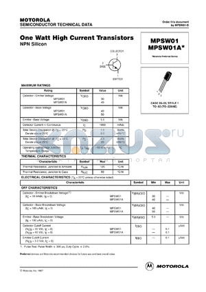 MPSW01ARLRA datasheet - One Watt High Current Transistor NPN