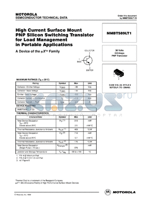MMBT589LT3 datasheet - High Current Surface Mount PNP Silicon Switching Transistor for Load Management in Portable Applications