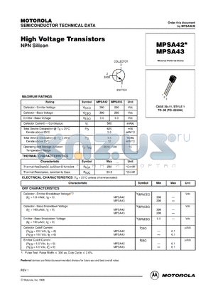 MPSA42RL1 datasheet - High Voltage Transistor NPN